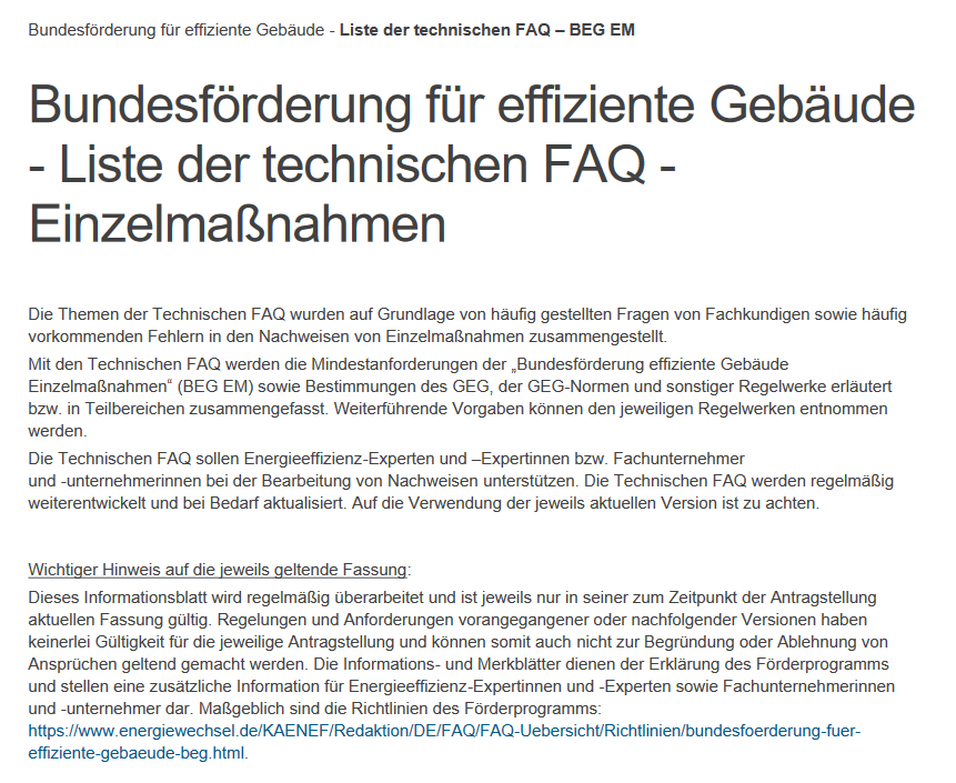 Mit der Liste der technischen FAQ werden die Mindestanforderungen der BEG EM und weitere Bestimmungen zusammengefasst. 