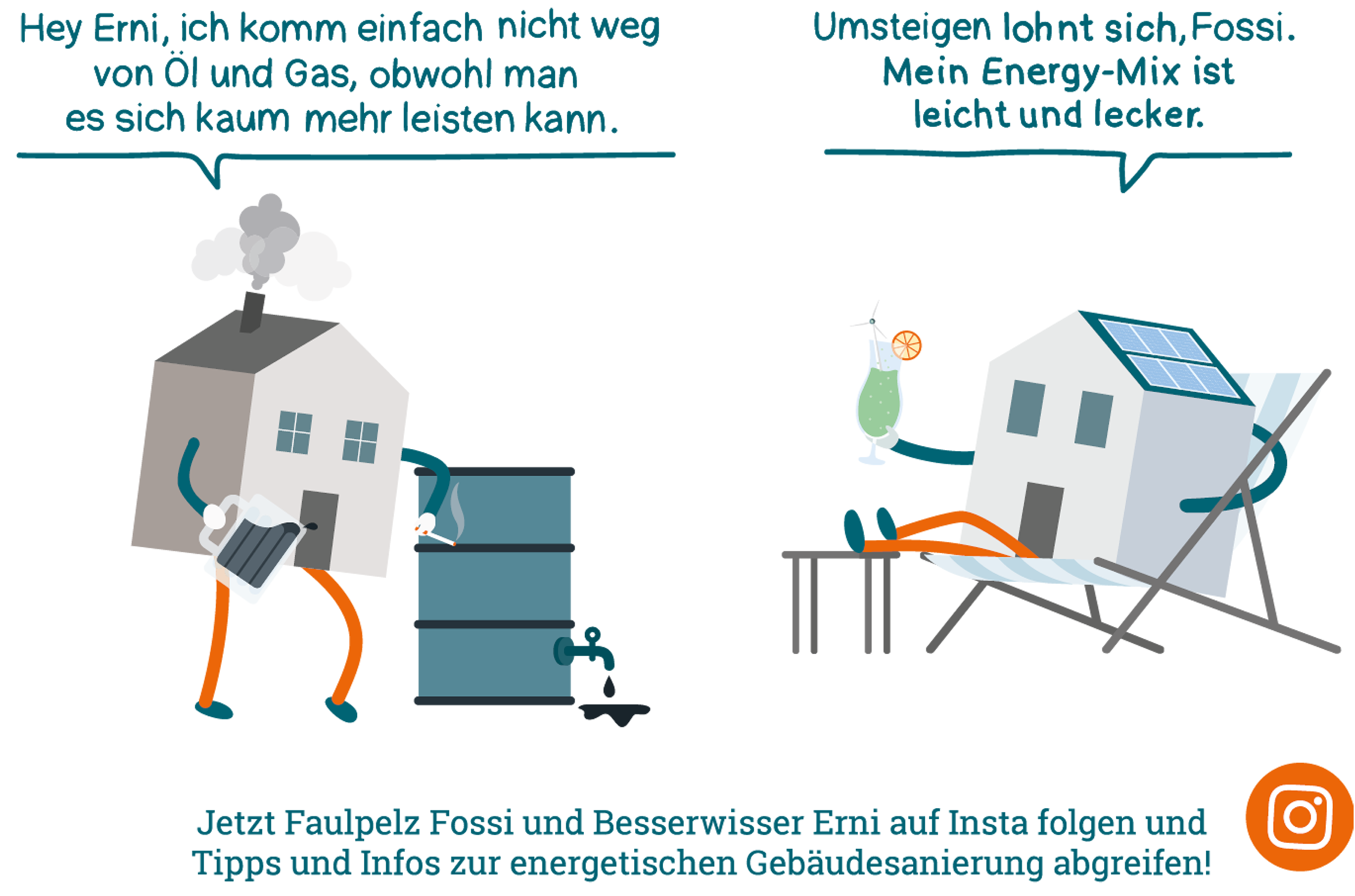 Comic Figuren Erni und Fossi unterhalten sich über den Umstieg von Öl und Kohle auf Erneuerbare Energien. Der Dialog dient als Hinweis auf den Instagram-Kanal von Zukunft Altbau: instagram.com/zukunftaltbau
